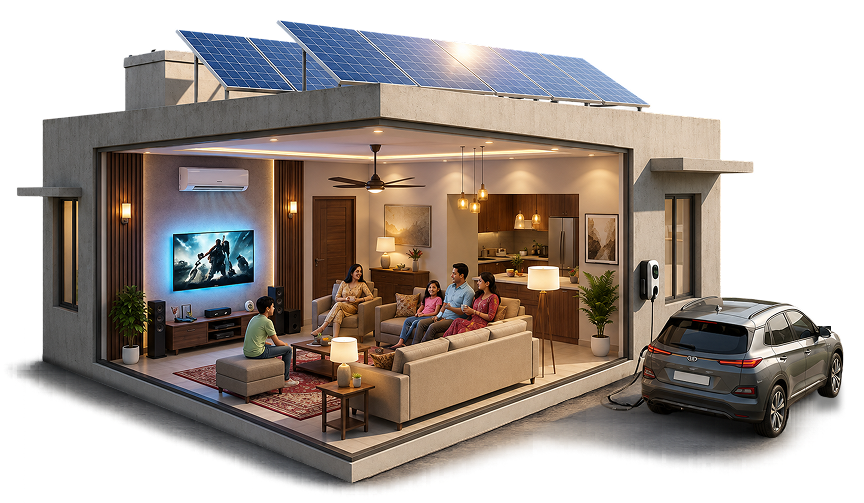 Indian home with rooftop solar, an EV charging, and a modern living room
